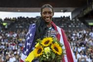 Quanera Hayes celebrates after her win in the Weltklasse Zurich - 2021 Diamond League